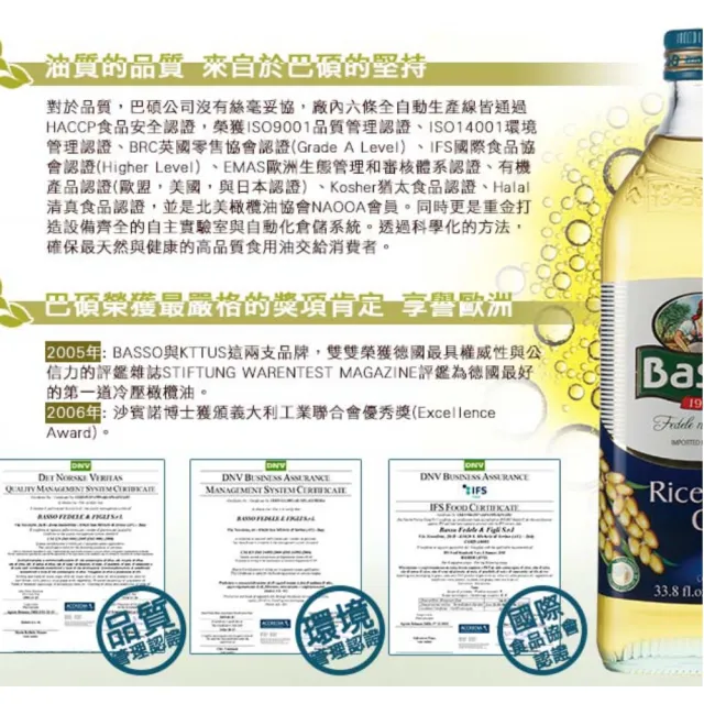 Basso 巴碩 義大利純天然玄米油1公升 5入 Momo購物網