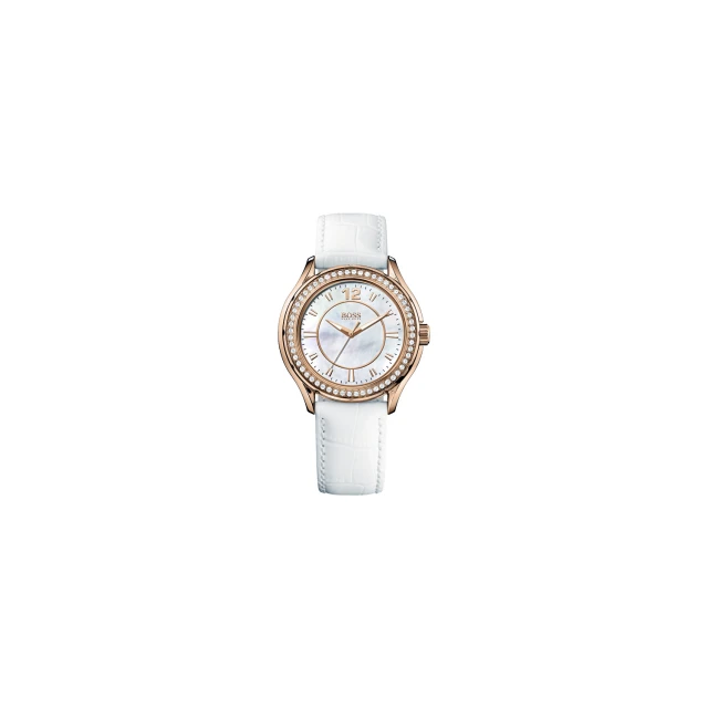 【Hugo Boss】美麗翹佳人珍珠晶鑽腕錶-白/玫塊金(H1502265)