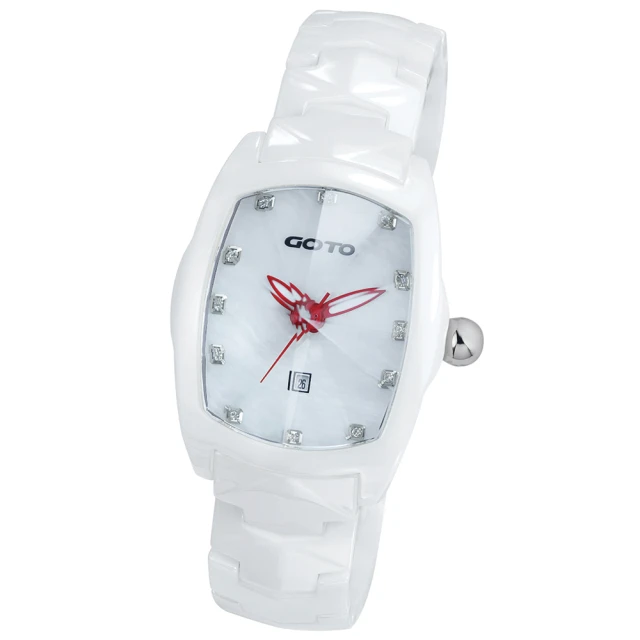 【GOTO】簡約晶鑽陶瓷腕錶(白x紅色指針)