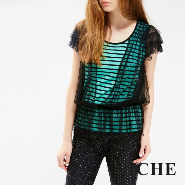 【ICHE 衣哲】條紋罩紗假兩件造型上衣