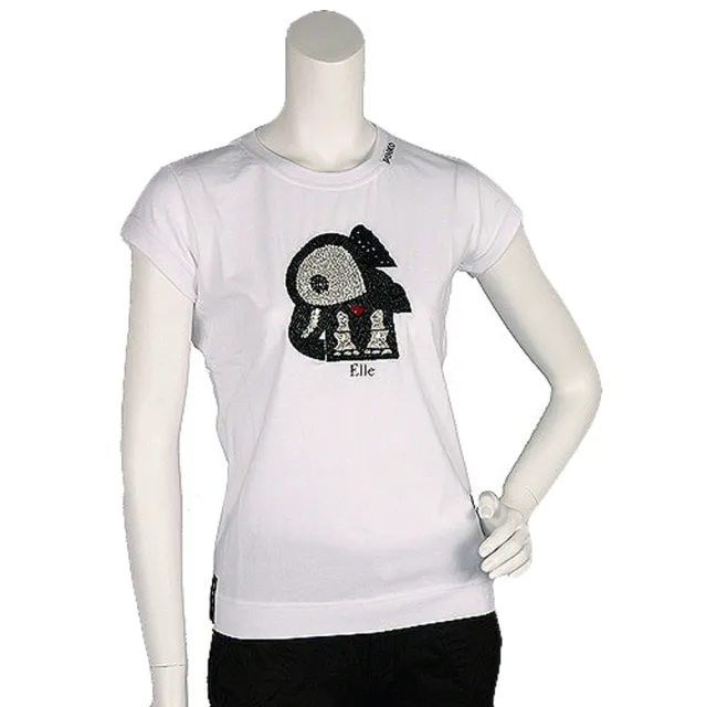 【PINKO】俏皮串珠水鑽繡縫可愛小象造型短袖T shirt(M-白色11D0US bianco brill)