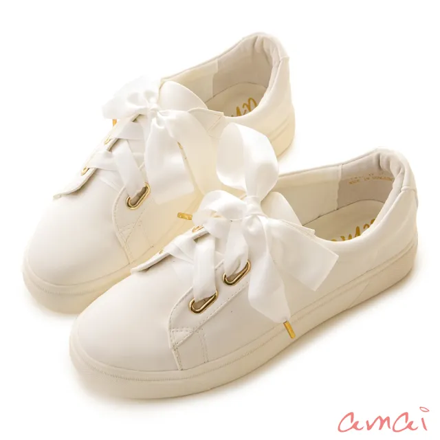 【amai】甜美緞帶蝴蝶結厚底休閒鞋(白)