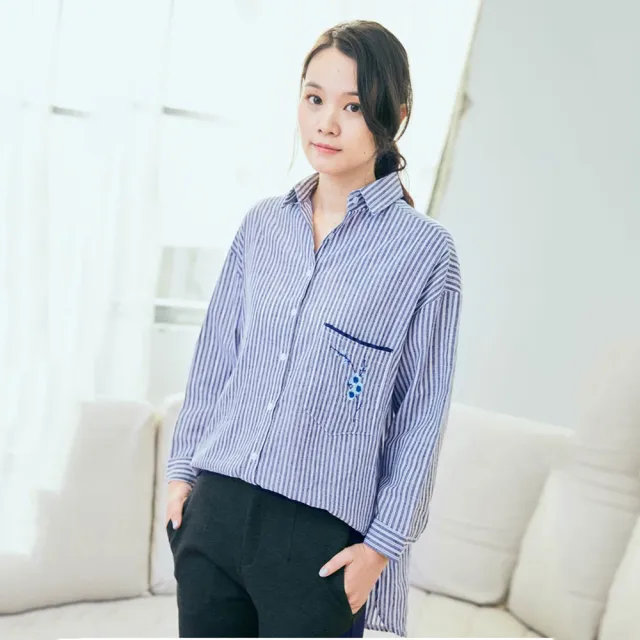 【ACheter】口袋繡花條紋襯衫#100853(2色)