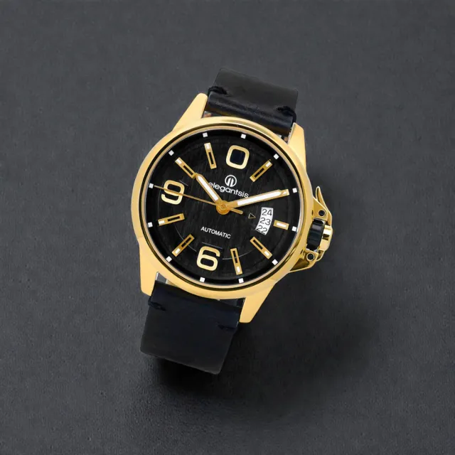 Elegantsis 品味強勢回歸機械真皮手錶黑x金框44mm Eljt55a Nb03lc Momo購物網