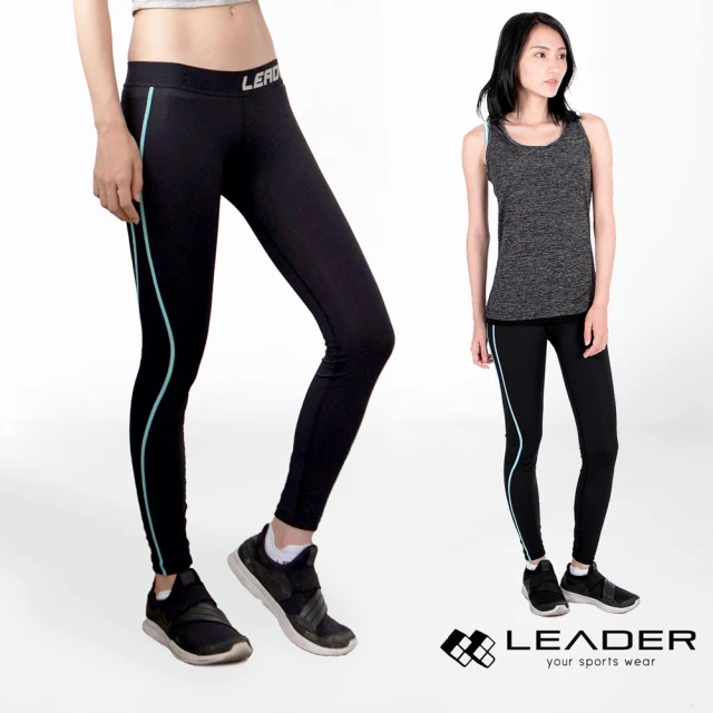 【Leader】女性專用 colorFit運動壓縮緊身褲(藍線條)