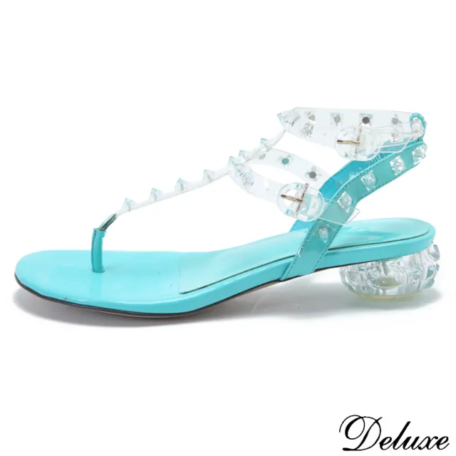 【Deluxe】時尚水晶透視感鉚釘清涼夾腳涼鞋(白-藍-銀)