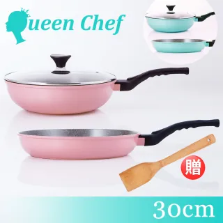 【Queen Chef】韓國礦岩鈦合金鑄造不沾鍋雙鍋 30CM 3件組(炒鍋+平底鍋+蓋)