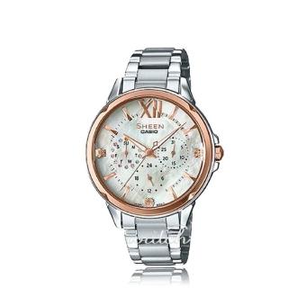 【CASIO 卡西歐 SHEEN 系列】珍珠母錶面 不鏽鋼錶帶 玫瑰金 三眼顯示 指標女錶(SHE-3056SG)