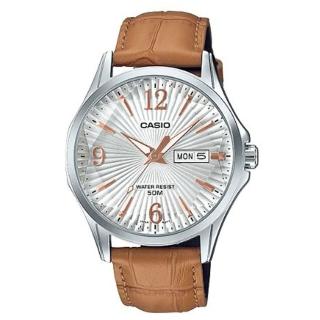 【CASIO 卡西歐】六芒星璀璨閃耀精緻皮帶紳士錶-白X玫瑰金X棕色錶帶(MTP-E120LY-7A)
