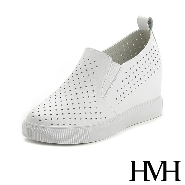 【HMH】真皮時尚縷空水玉洞洞透氣內增高厚底樂福鞋(白)