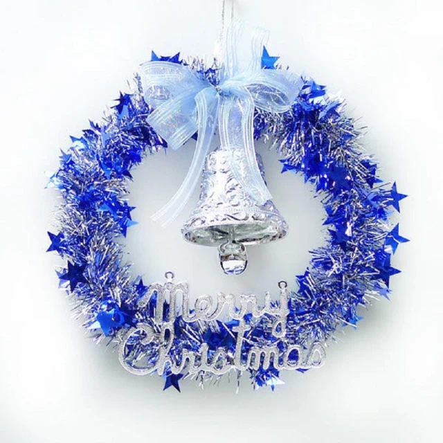 【摩達客】耶誕-14吋金蔥聖誕星星花圈(藍銀系/輕巧免組裝/本島免運費)