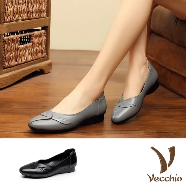 【Vecchio】真皮頭層牛皮葉片造型手工車線低跟單鞋(4色任選)