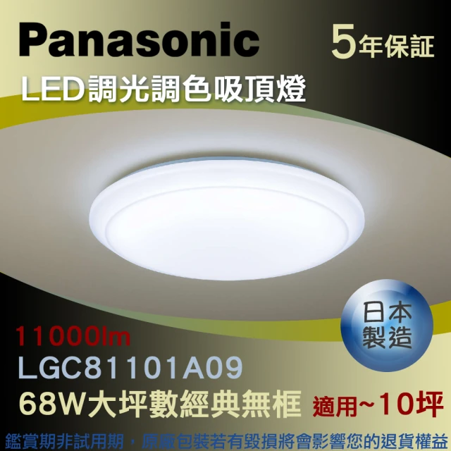【Panasonic 國際牌】LED調光調色吸頂燈 68W大坪數經典無框(LGC81101A09)