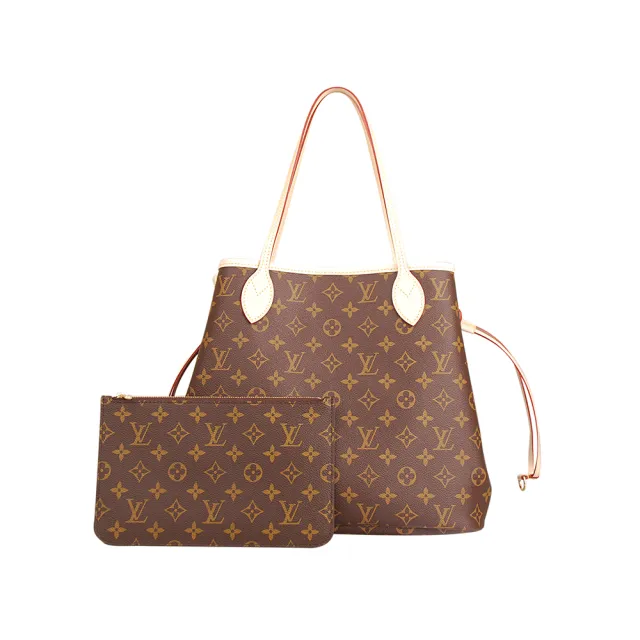 【Louis Vuitton 路易威登】LV M40995 Monorgam Neverfull MM 縮口肩揹包附扁袋(米)