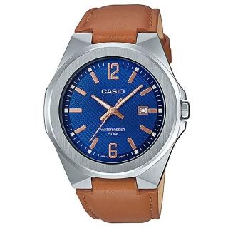 【CASIO 卡西歐】超簡約蛇紋錶麵皮質腕錶-藍面(MTP-E158L-2A)