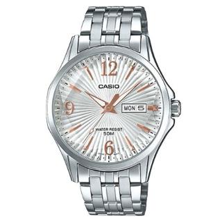 【CASIO 卡西歐】六芒星璀璨閃耀精緻不鏽鋼紳士錶-白X玫瑰金(MTP-E120DY-7A)