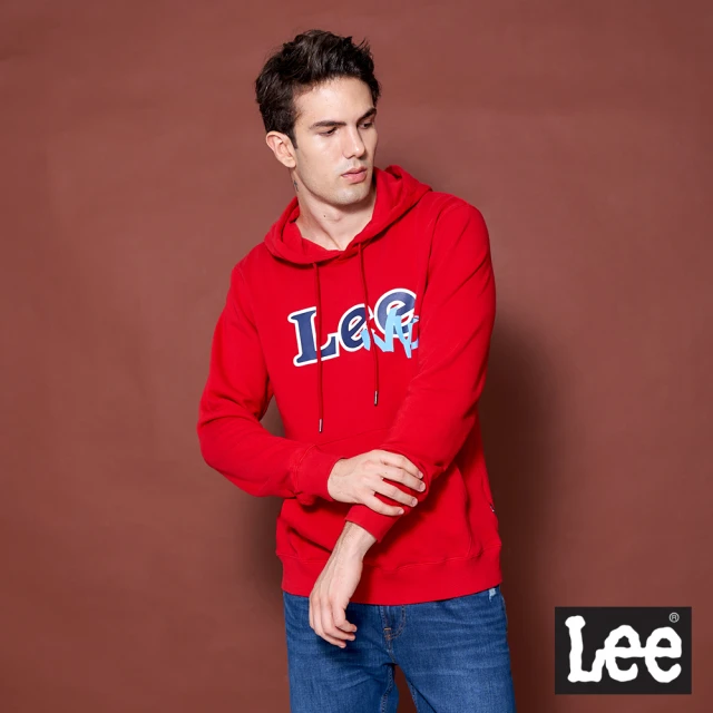 【Lee】NYC Logo 男長袖連帽厚T-活力紅