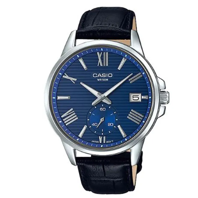 【CASIO 卡西歐】條紋時尚單眼羅馬紳士真皮腕錶-藍面(MTP-EX100L-2A)