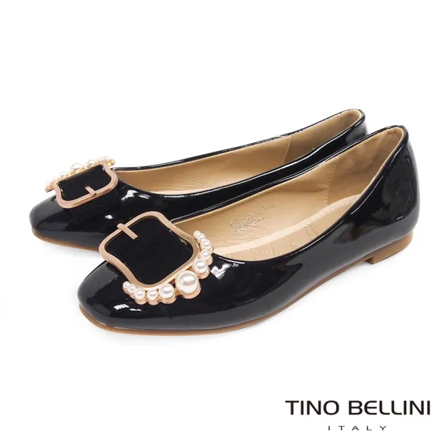 Tino Bellini 貝里尼 綺麗珍珠皮帶飾釦平底娃娃鞋f015 黑 Momo購物網
