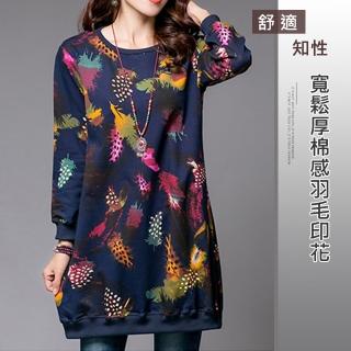 【ACheter】寬鬆厚棉感羽毛印花洋裝#106106(深藍)