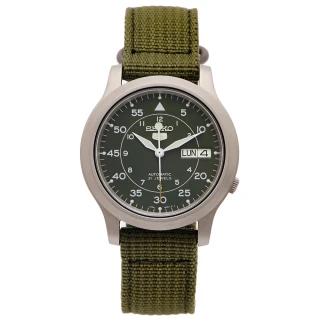 【SEIKO 精工】5號盾牌軍用綠色帆布機械手錶-綠面X綠色/37mm(SNK805K2)