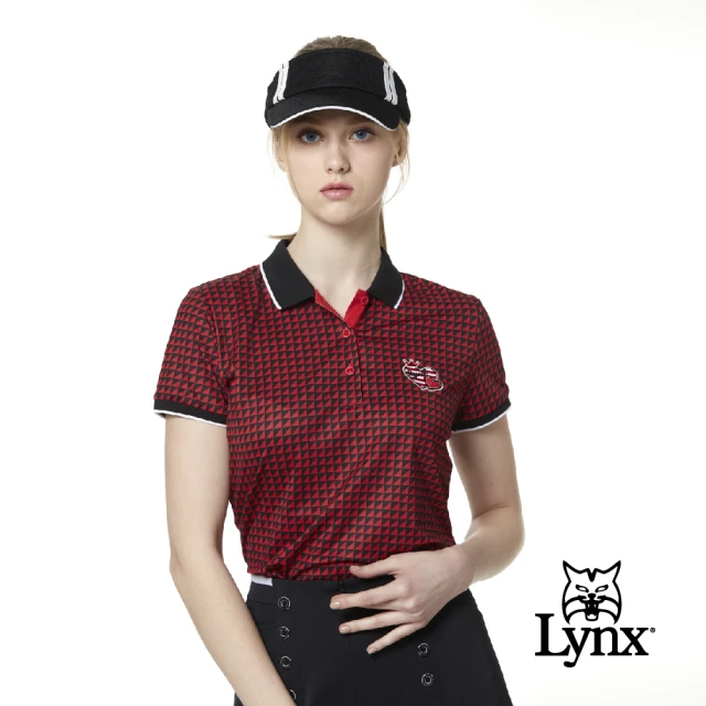 【Lynx Golf】女款吸汗速乾羅紋配色滿版三角印花短袖POLO衫(紅色)