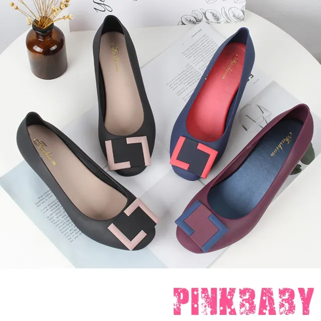 【PINKBABY】幾何撞色方塊防水果凍坡跟單鞋/防水雨鞋(3色任選)