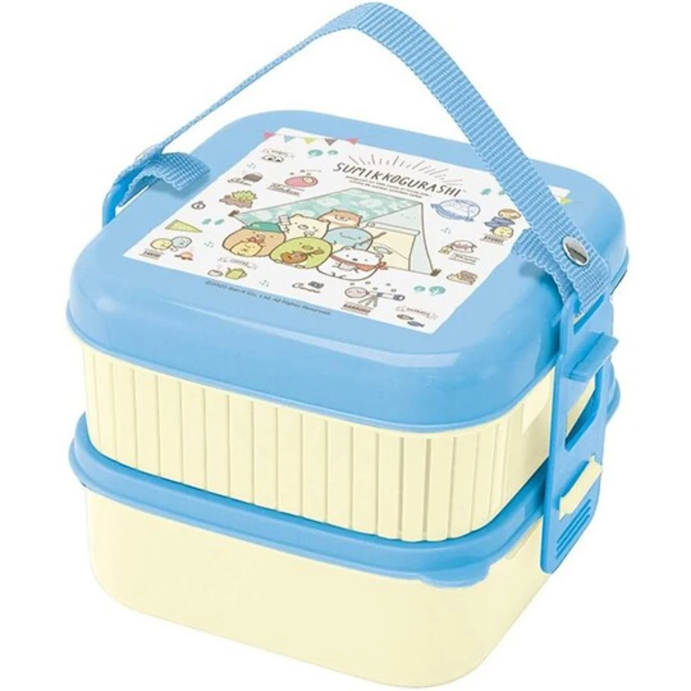 【小禮堂】角落生物 日製 方形手提雙層便當盒 塑膠便當盒 三明治盒 野餐盒 《藍 露營》