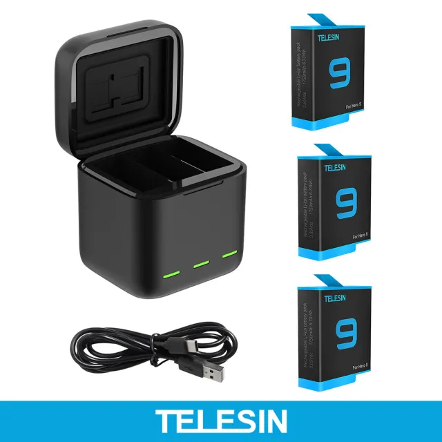 【TELESIN】收納式充電盒含電池3顆(GoPro