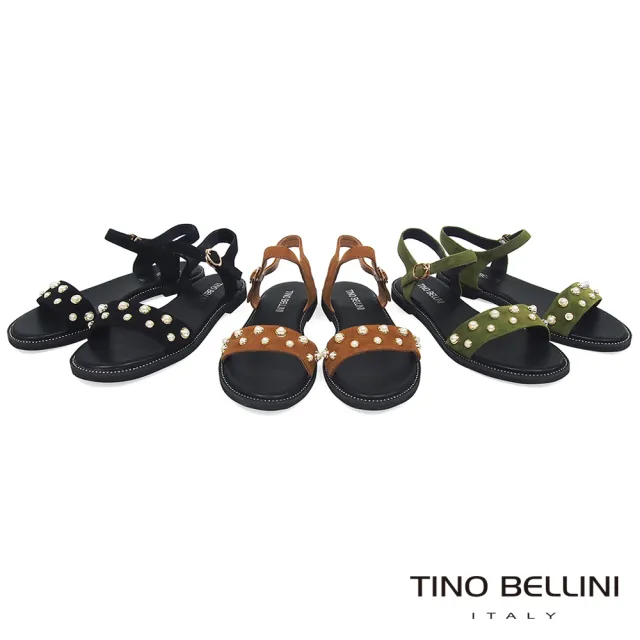 Tino Bellini 貝里尼 綺麗華美鑲嵌珍珠平底涼鞋a090 棕 Momo購物網