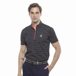 【Lynx Golf】男款吸濕排汗抗UV涼感LXG印花短袖立領POLO衫/高爾夫球衫(黑色)