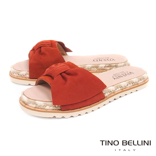 【TINO BELLINI 貝里尼】西班牙進口蝴蝶紐結雙色麻編厚底涼拖鞋B83209(橘紅)