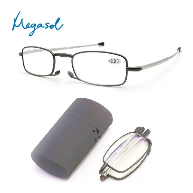 【MEGASOL】超輕仿打火機式老花眼鏡便攜摺疊款(中性細矩方框折疊鏡架)
