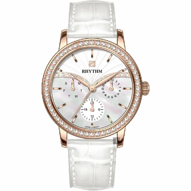 【RHYTHM 麗聲】優雅風尚晶鑽日期女錶-珍珠貝x白/36mm(F1401L02)