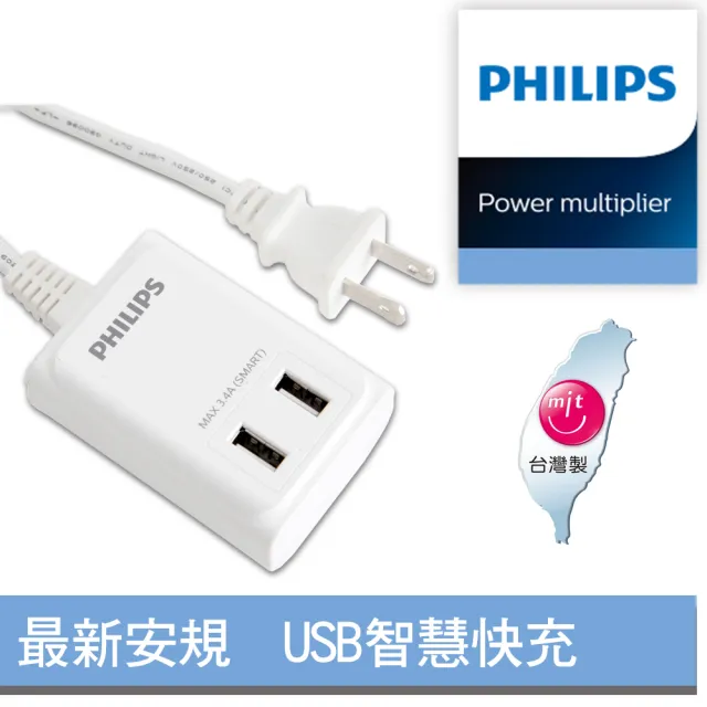 【Philips 飛利浦】USB智慧快充電源線 新安規 過載防護型 - 白色(SPB1402)