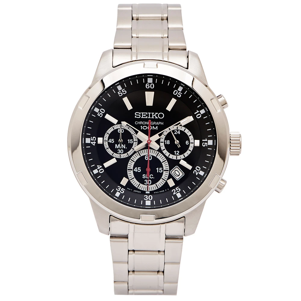 【SEIKO 精工】時尚風格三眼計時錶帶手錶-黑色面X銀色/43mm(SKS605P1)
