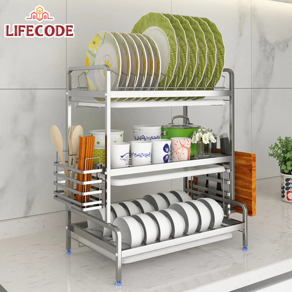 【LIFECODE】《收納王》304不鏽鋼三層方管碗碟架附筷子籠+砧板架