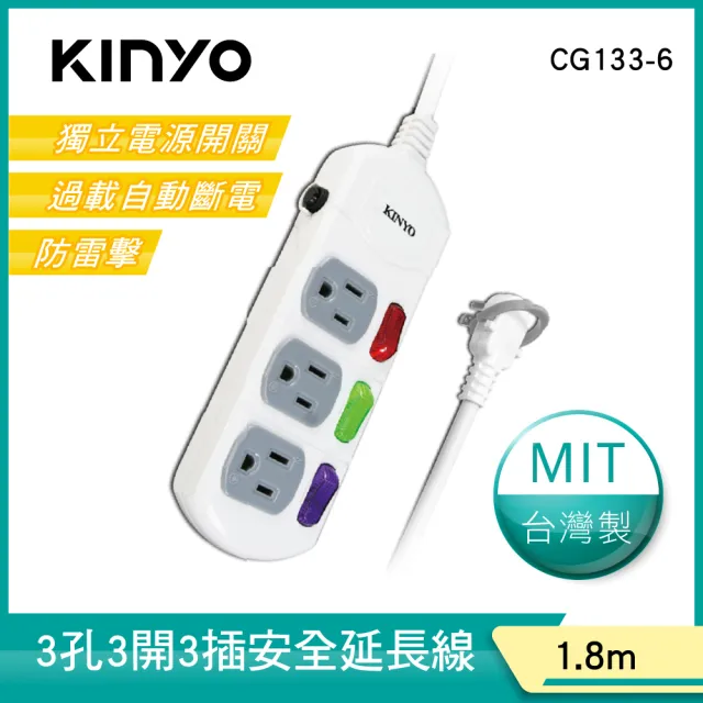 【KINYO】3開3插安全延長線1.8M(CG133-6)