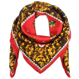 【Dior 迪奧】歐風復古寶石珍珠方型絲巾(紅色)