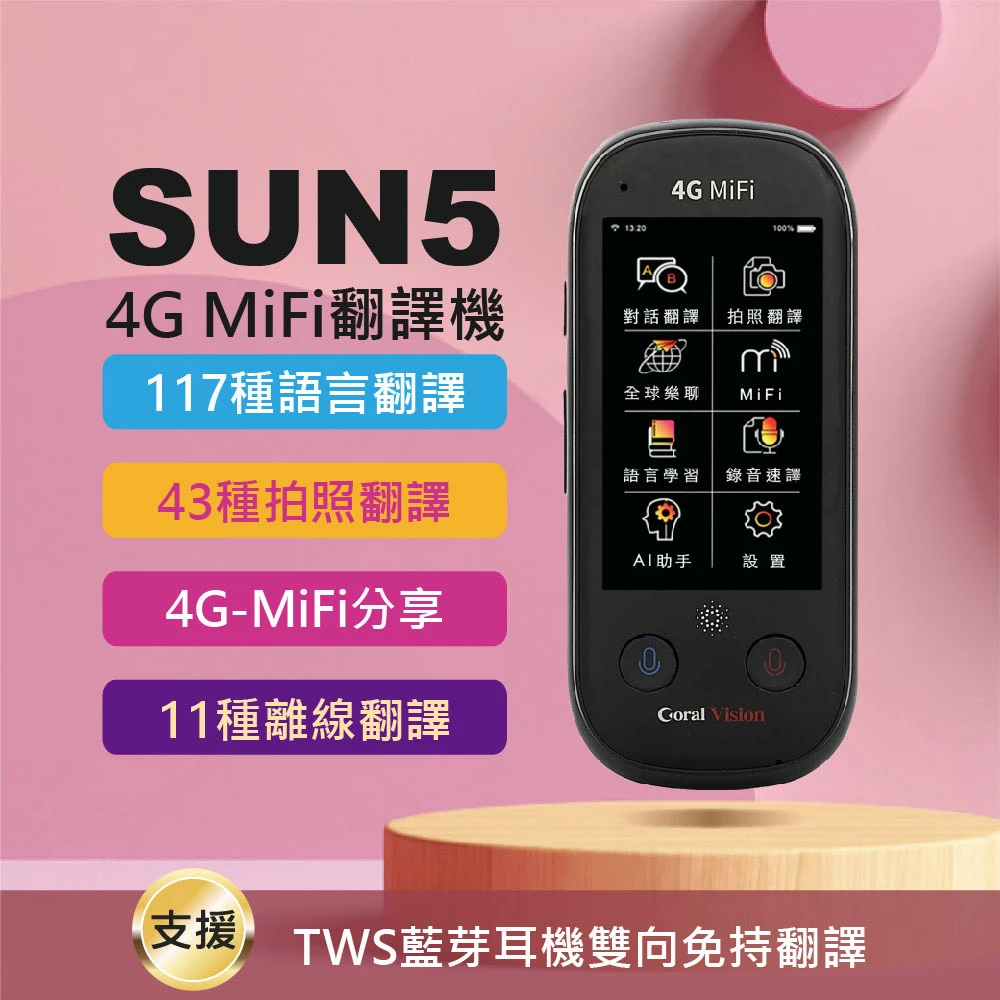 【CORALODEL】SUN5 4G MiFi雙向智能即時口譯機(117國語離線拍照錄音翻譯內建Wifi)