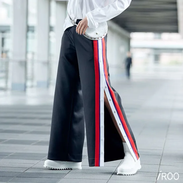 【iROO】街頭流行側邊開釦長寬褲