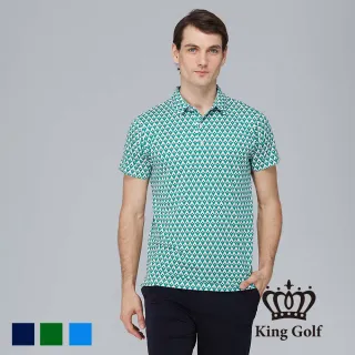 【KING GOLF】速達-男款三角形幾何印花POLO衫/高爾夫球衫(綠色)