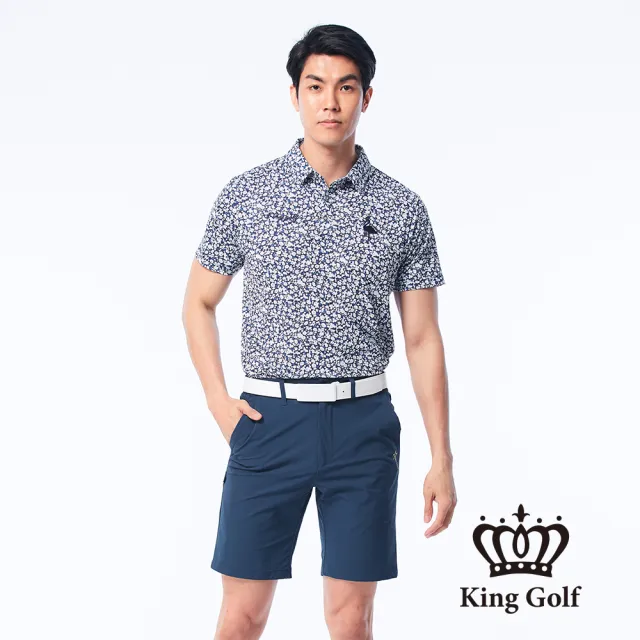 King Golf 男款小花印花火鶴刺繡涼感短袖polo衫 深藍 Momo購物網