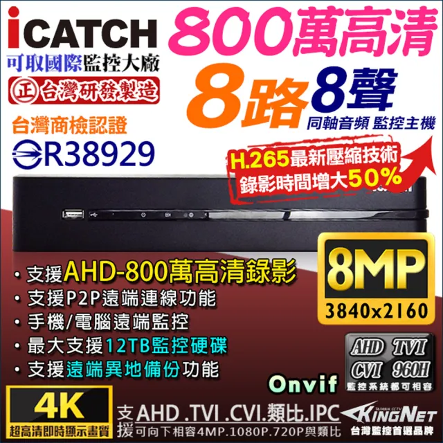 Kingnet 可取8路監控主機8mp 800萬手機遠端 Dvr 向下相容1080p Momo購物網