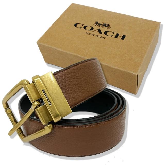 【COACH】古銅金屬低調LOGO男款中性寬版皮帶禮盒(棕色)