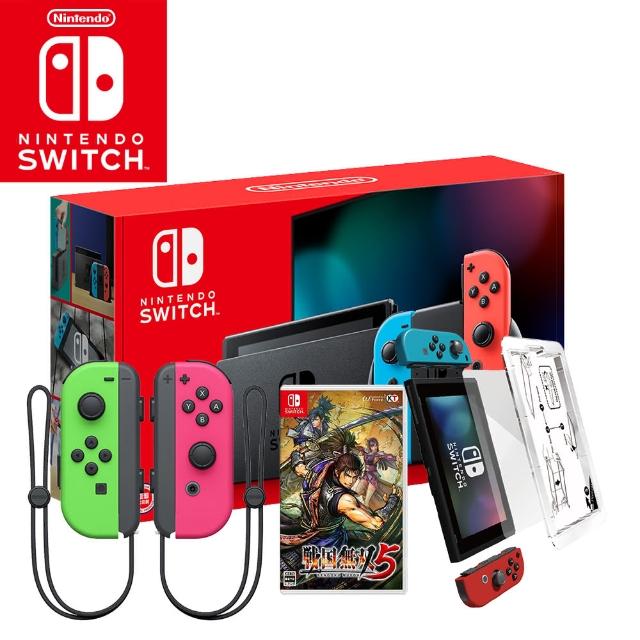 Nintendo 任天堂【Nintendo 任天堂】Switch電續加強藍紅主機+《Joy-con手把(綠粉)》+《戰國無雙5特典版》+《Simmpo 簡單貼