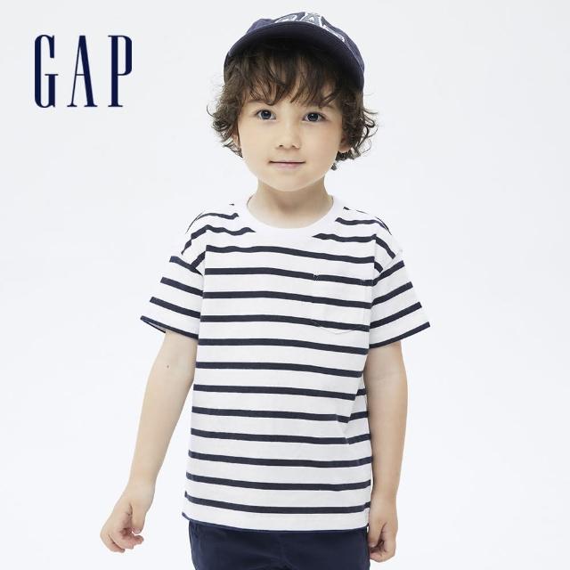 GAP【GAP】男幼童 厚磅密織系列碳素軟磨 純棉短袖T恤(755301-藍白條紋)