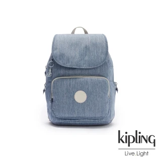 【KIPLING】淺色丹寧藍掀蓋拉鍊後背包-MEDIUM BACKPACK