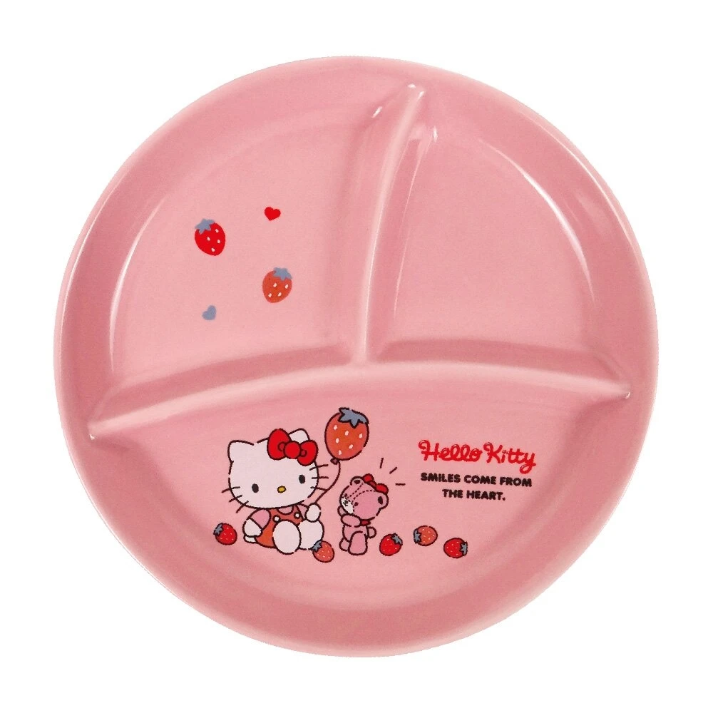 【小禮堂】Hello Kitty 圓形三格陶瓷餐盤 分隔餐盤 微波餐盤 午餐盤 便當盤 強化瓷 《粉 草莓》