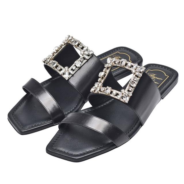 【ROGER VIVIER】寶石鑲飾方框造型雙槓涼拖鞋(黑RVW50430930BSSB999)